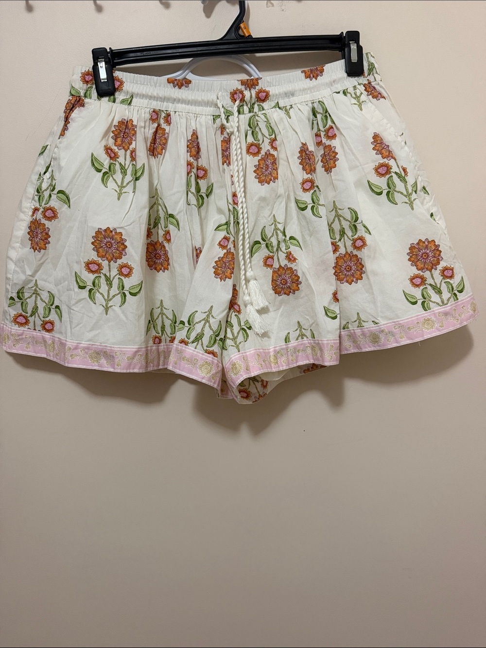 Old Navy White High-Waist Floral Drawstring Shorts with Orange & Pink Trim